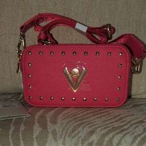 Valentino Pink and Gold Crossbody Bag with Structured Design and Gold Studs